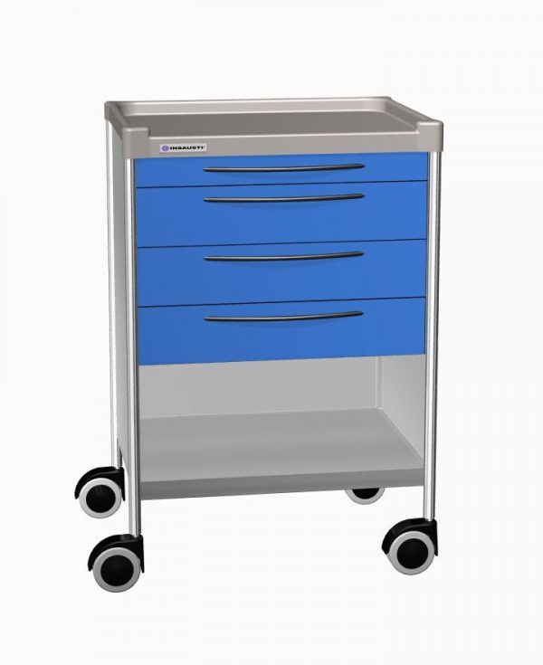 CARRELLO IN ACCIAIO INOX CON 4 CASSETTI, 2 RIPIANI mm 640x480