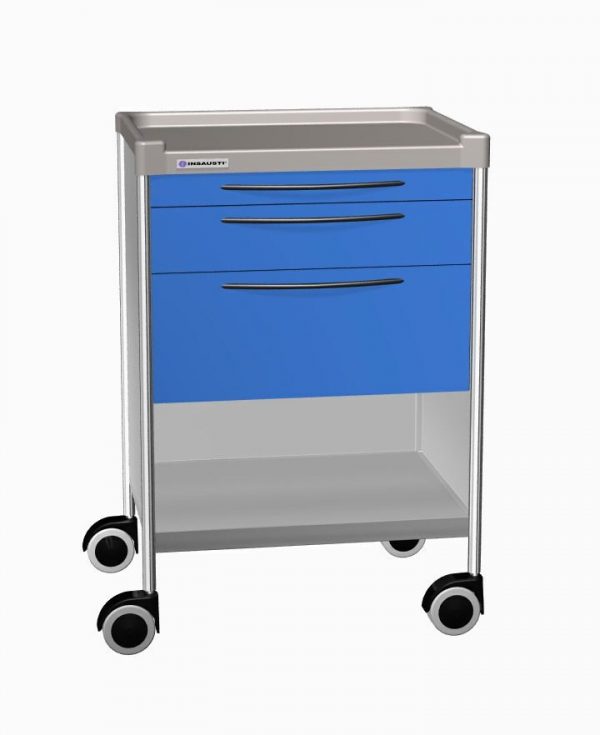 CARRELLO IN ACCIAIO INOX CON 3 CASSETTI, 2 RIPIANI mm 640x480