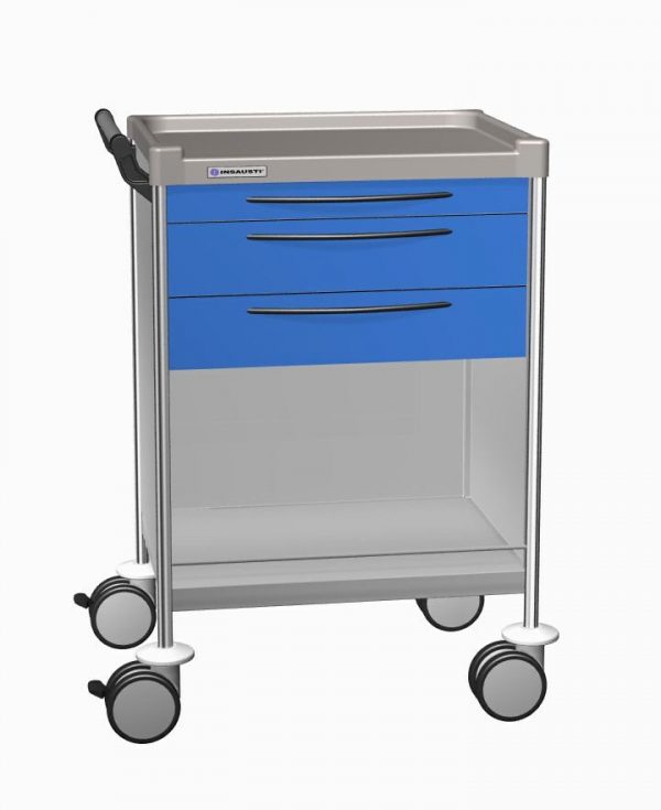 CARRELLO IN ACCIAIO INOX 3 CASSETTI, 2 RIPIANI mm 640x480