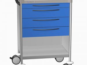 CARRELLO IN ACCIAIO INOX 4 CASSETTI, 2 RIPIANI mm 640x480